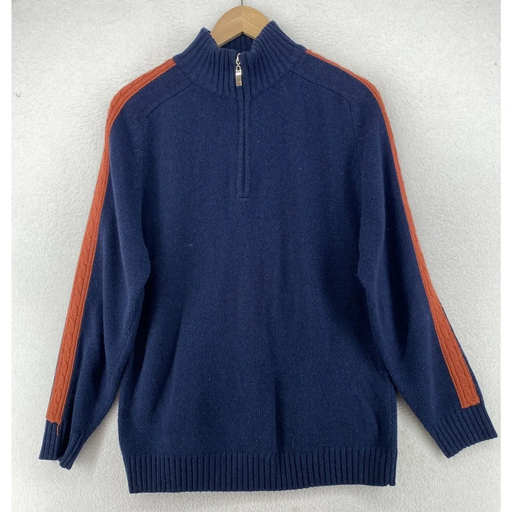 DERKOS Sweater Mens L Wool Blend Jumper 1/4 Zip Shoulder Panel Pullover Blue